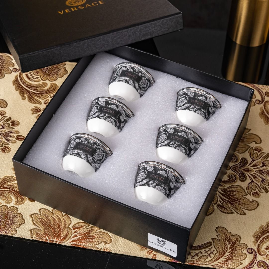 Versace Arabic coffee 6-piece ceramic cup set, featuring a grey and black