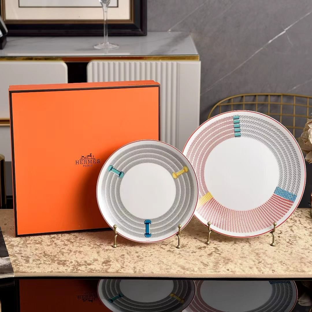 Hermes "Tressages Equestres" Orange, White and Blue Porcelain Dessert Plate Set of 2