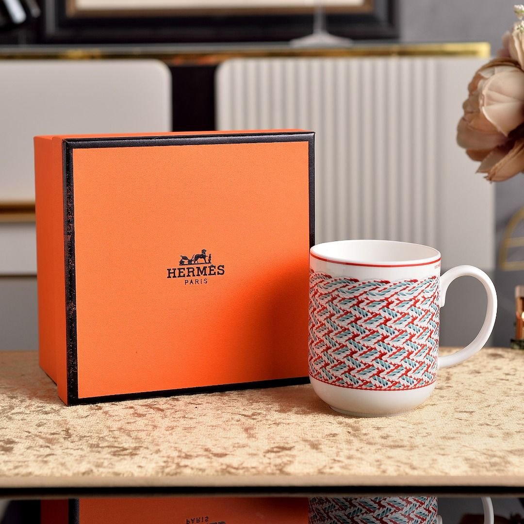 Hermes  Tressages Equestres  Orange, White and Blue Porcelain Mug